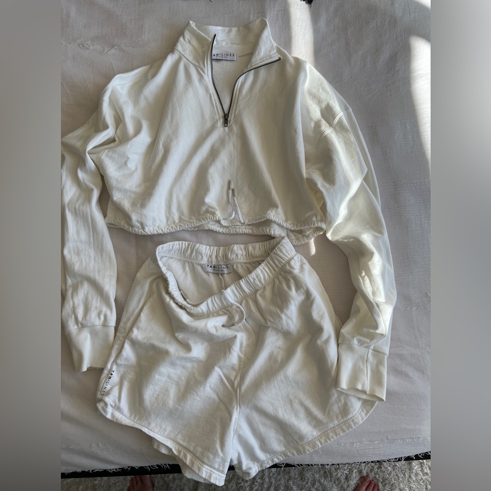 Tan + Lines by Sivan Ayla Santa Barbara sweatshirt and Ojai shorts in white